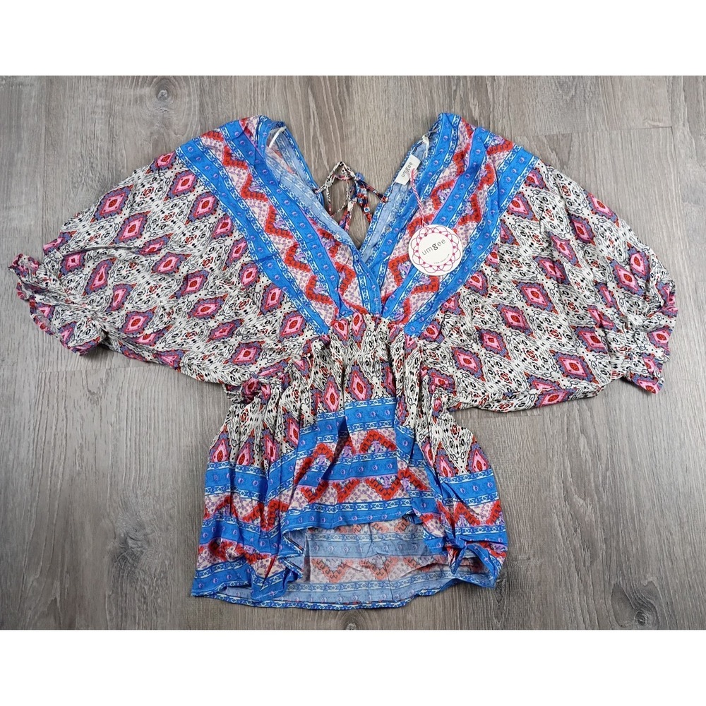 Umgee Small Boho Peasant Top Tribal Print Rayon V-Neck Blue Red Empire Waist‎
